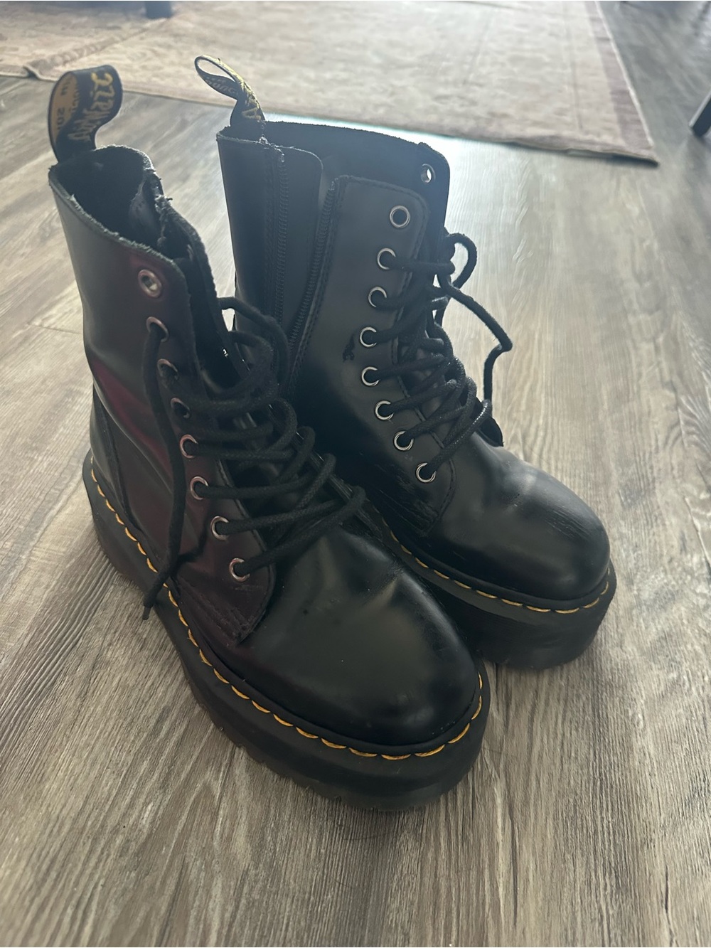 Dr. Martens Black Platform Lace-Up Boots with Yellow Stitching